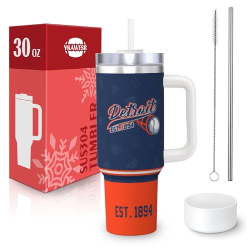 Image of Detroit 30 oz Tumbler with Handle and Straw,Car cup,100% Leakproof Insulated Tumbler with Lid and Straw,Made of Stainless Steel,Cup Holder Friendly Base,Classic Collection Gifts for Fans