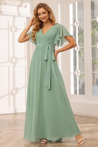 Raseal Flutter Sleeve Chiffon Bridesmaid Dress Long with Pockets V Neck Pleated Formal Dress for Women RS0374