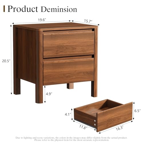 Image of Furniway Nightstands Set of 2, 2 Drawer Nightstand with Wood Legs, Mid-Century Modern Bedside Table with Storage, Wooden End Table for Bedroom, Walnut