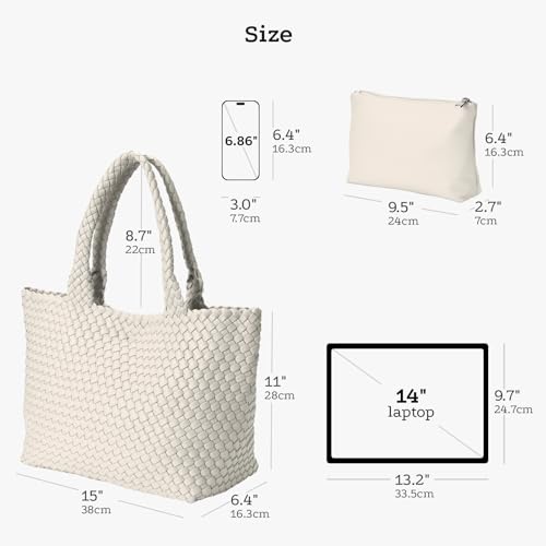 Image of Woven Tote Bag for Women, Large Vegan Leather Tote with Inner Pouch | Soft Woven Texture,Relaxed Style,Shoulder Tote Bag,Unstructured Tote,Casual Woven Handbag,Open Interior,Removable Pouch