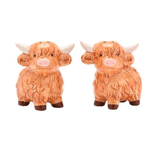 Country Living Highland Cows Salt & Pepper Pots – Ceramic Cow-Shaped Condiment Shakers, Countryside-Inspired Dining Tableware