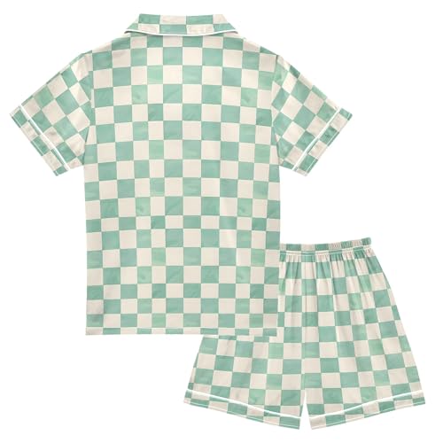 Mint and Cream Checkerboard Summer Satin Pajama Set, Cute Button-Down Sleepwear Pj Set for Sleep Wears2