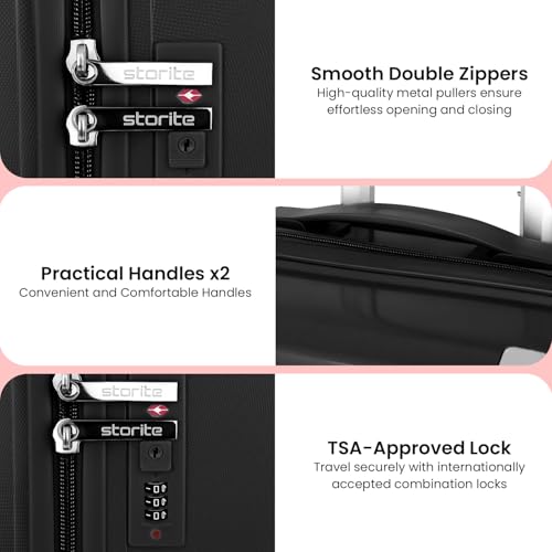 Image of Storite Luggage Set of 3 Trolley Bag Hard-Sided Polypropylene | 55cm, 63cm & 74cm | 8 Wheels Double Spinner Small, Medium & Large Travel Suitcase Bag for Men & Women - Black