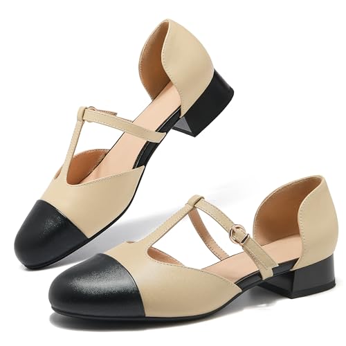 ErikenUrben Women Closed Toe T-Strap Ballerina Flats Bicolor Hollow Out Low Heels Two Toe2