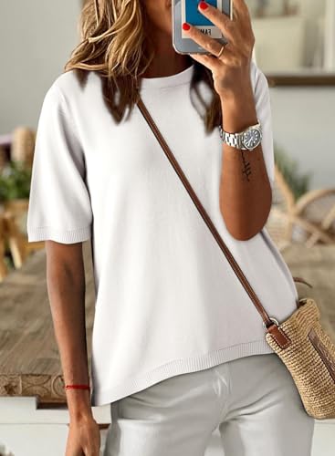 Image of Dokotoo Womens Tops 2026 Casual Summer Crewneck Short Sleeve Striped Color Block Knit High Low Trendy Pullover Sweaters