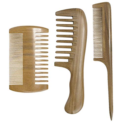 Faleto Green Sandalwood Hair Comb No Static Natural Wood Comb Wide Tooth Handmade Beard Comb Wooden Hair Combs for Detangling