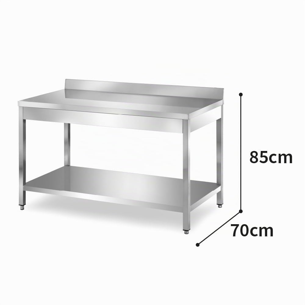 TECNA FOOD Tavolo da lavoro in acciaio INOX con ALZATINA e RIPIANO INFERIORE per cucine professionali bar hotel - profondità 70 cm - altezza 85 cm regolabile (80X70X85cm)