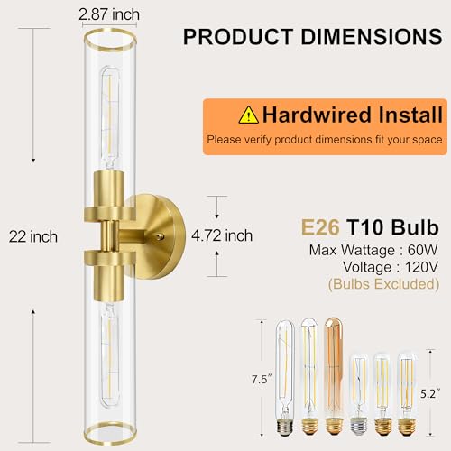 Image of Gold Wall Sconces, Bathroom Sconces Vanity Light Fixtures with Clear Glass, Set of 2, Brushed Gold Sconces Wall Decor, for Living Room /Bathroom Corridor Mirror /Bedroom Hallway Stairwell