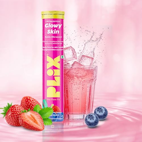 Image of The Plant Fix Plix Glutathione Effervescent Tablets for Clear, Glowing & Youthful Skin | 600mg Glutathione, Vit E & Hyaluronic Acid | No Maltodextrin, No Sugar | Strawberry
