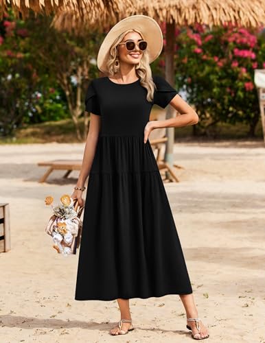 Image of Zeagoo Summer Dresses for Women 2026 Maxi Bohemian Floral Short Sleeve Long Dress Casual Flowy Tired Beach Sundress
