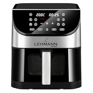 Lehmann Heteluchtfriteuse, 6 liter, met 10 kookprogramma’s, friteuse hete lucht 1500 W en temperatuurregeling 76-200 °C, Air Fryer met timer en digitaal led-touchscreen, olievrij braden
