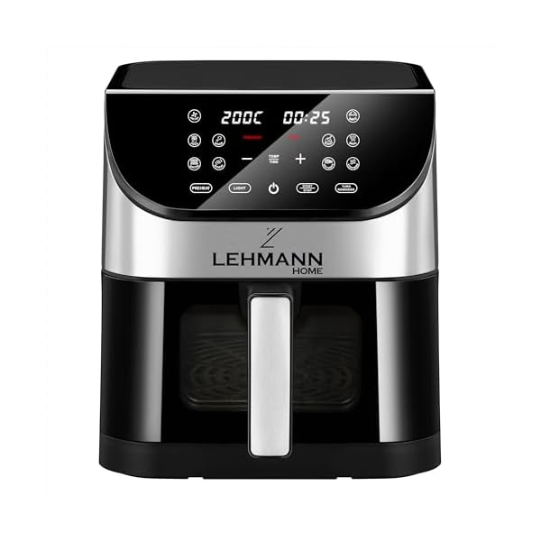 Lehmann Heteluchtfriteuse, 6 liter, met 10 kookprogramma’s, friteuse hete lucht 1500 W en temperatuurregeling 76-200 °C, Air Fryer met timer en digitaal led-touchscreen, olievrij braden
