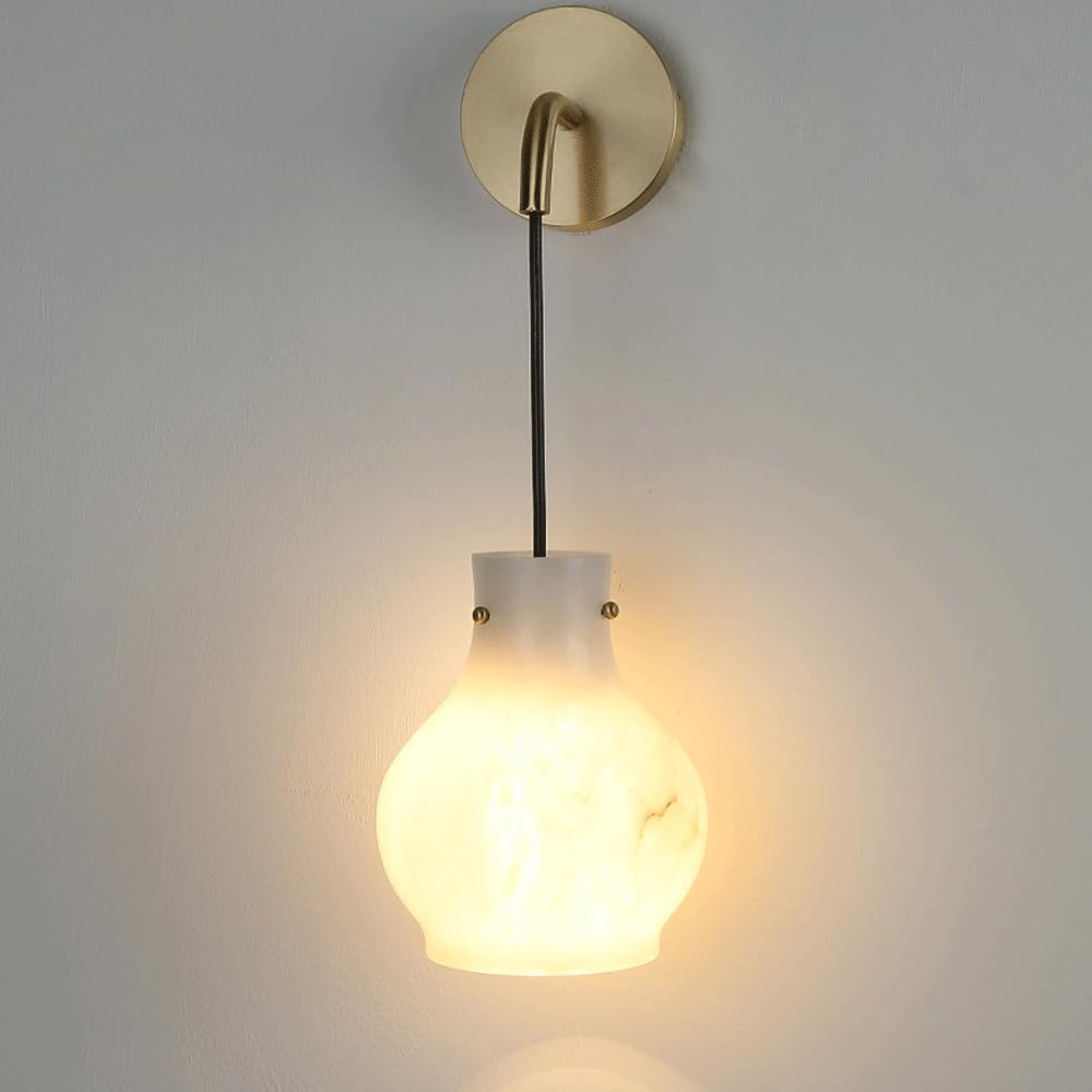 Yvamnad Multicolor Alabaster Wall Sconce-Vintage Alabaster Brass Wall Lights Antique Spanish Natural Marble Sconce Lighting Modern Vanity Wall Lights Hardwired 3000K Led Wall Lamp For Bedroom Stair Hallway Living Room