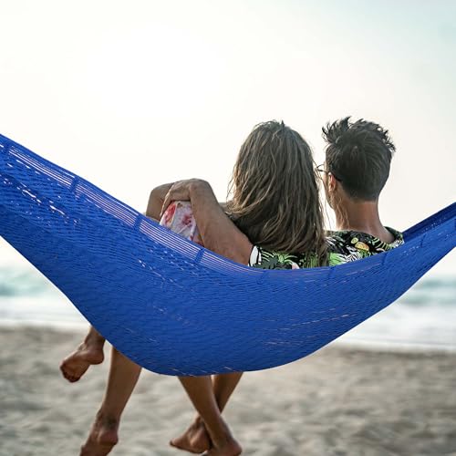 Image of Lazy Daze Hammocks Handwoven XL Mayan Hammock, 10.5 FT Soft Rope Double Hammocks, Portable Outdoor Hammock with Carry Bag, 2 Straps & Carabiners for Patio Outside, 550 lbs Weight Capacity, Blue