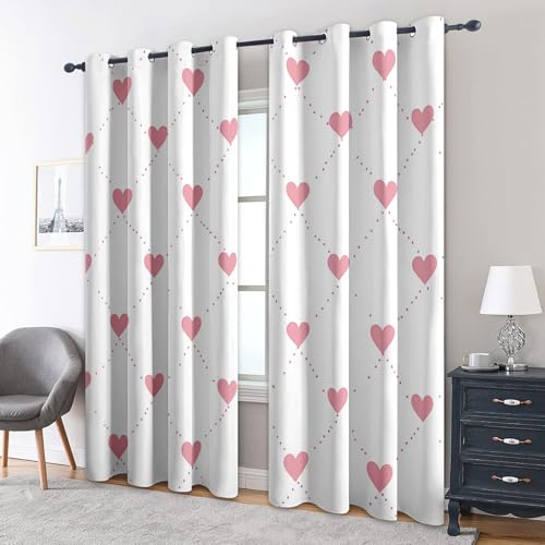 Pink Heart Blackout Curtains, 54 Drop, Kawaii Love Heart Printed Curtains for Living Room, Bedroom, Eyelet Drapes for Window Home Decor, 46x54 Inch 2 Panels H2A1-73 - Image 2