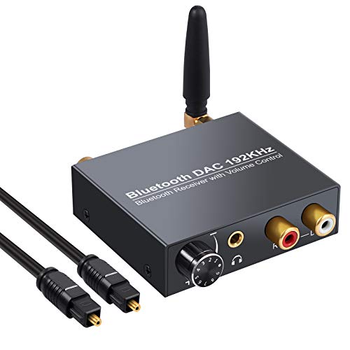 192kHz Digital to Analog Audio Converter with Bluetooth Receiver Volume Adjustment DAC Optical Coaxial Digital Audio to Stereo Analog RCA & 3.5mm for Home Theater
