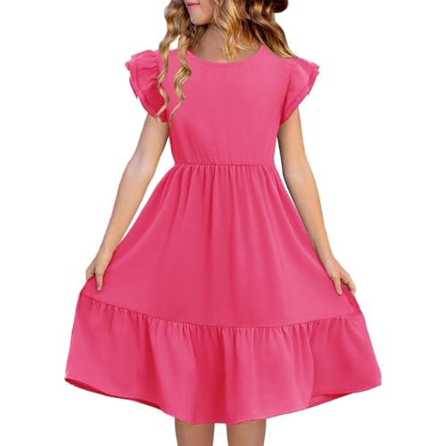 Generisch Abito boho da bambina estivo a doppio strato con maniche a volant 5 14 anni romanzi rosa, rosa intenso, 13-14 Anni