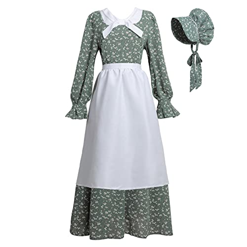 CR ROLECOS Colonial Prärie-Kleid für Damen, Blumenmuster, Amish-Kleid, Pilger-Kostüm, Pionier-Trek-Kleidung, 3-teilig, Grün, Größe S