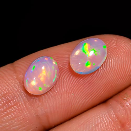 Aura Gems Natural Ethiopian Opal Oval Cabochon, Opal Loose Gemstone For Jewelry Making, Fire Play Color Opal Oval Cabochon Cut All Calibrated Sizes (2 Stone Pack, Oval, 8X6) #TOP1
