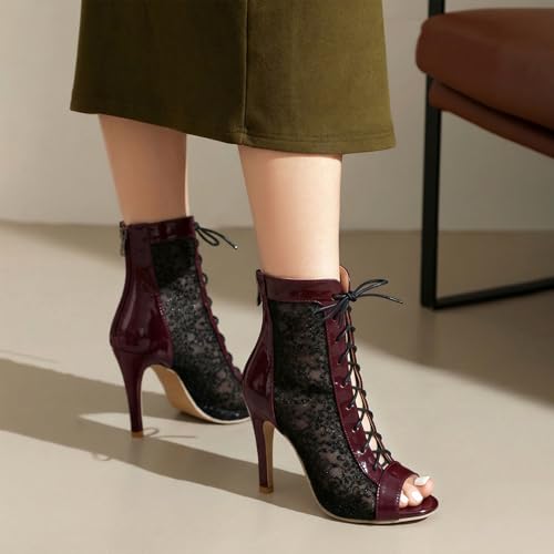 Image of Women's Lace Up Dance Heels Open Toe Mesh Sparkling Sequin Booties Peep Toe Stiletto High Heel Dance Shoes
