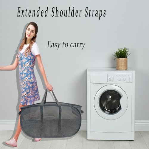Image of Extra Large Mesh Pop Up Laundry Hamper 2 Pack,100L Collapsible Laundry Baskets, Dirty Clothes Hamper with Reinforced Handles, Folding Hampers for Travel, Nursery, Dorm or Home. Black