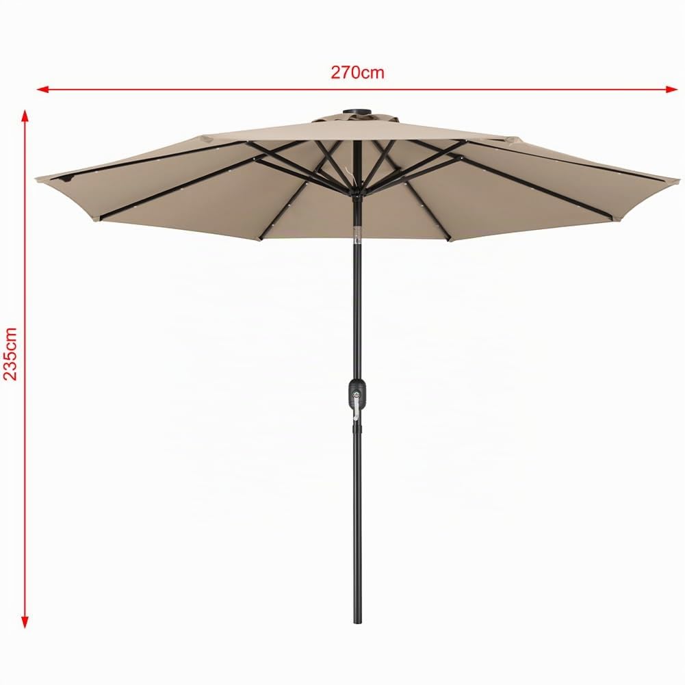 BAKAJI Ombrellone da Giardino Diametro 270 cm con Luci Led e Sistema Antivento, Parasole da Esterno con 8 Ribs Stecche, Airvent, Ideale per Bar, Ristorante, Patio, Balcone, Apertura Manovella
