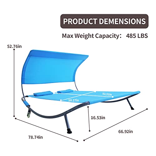 Coveronics Patio Double Chaise Lounge Bed With Canopy,Headrest Pillow And Wheels,Portable Outdoor Hammock Bed For Patio, Yard, Pool(Blue) #TOP1