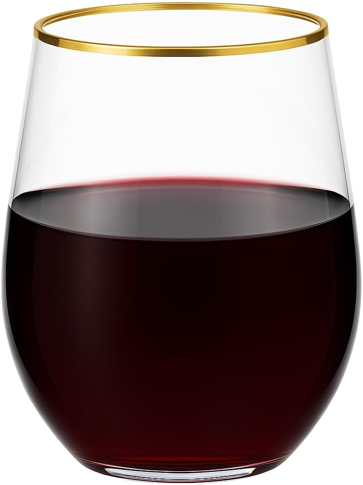 Oojami 36 Pack Disposable Wine Glasses 12oz Stemless Plastic Gold Rim - Crystal Clear Unbreakable for Wedding, Party, Birthday & Events