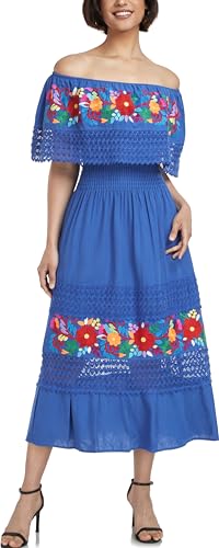 Image of YZXDORWJ Women Embroidered Mexican Peasant Casual Sexy Lace Off-Shoulder Long Dress