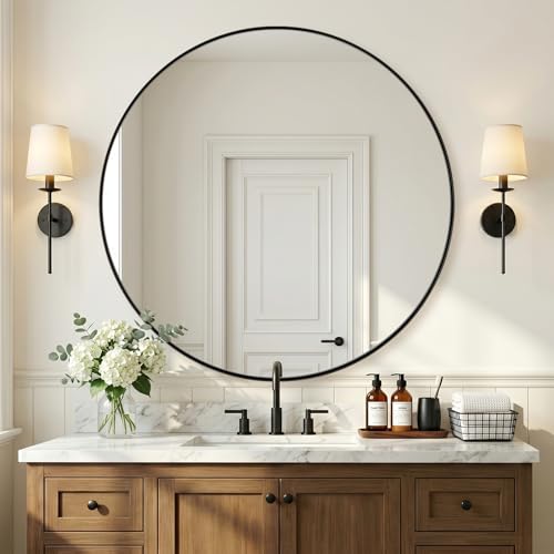 Image of ANDY STAR Round Black Mirror for Bathroom, 40 inch Large Bathroom Mirrors for Over Sink, Anti-Rust Modern Wall Mirror,1 Inch Deep Set Design, Heavy Duty, 4MM HD Glass, 9MM Thicker Backboard
