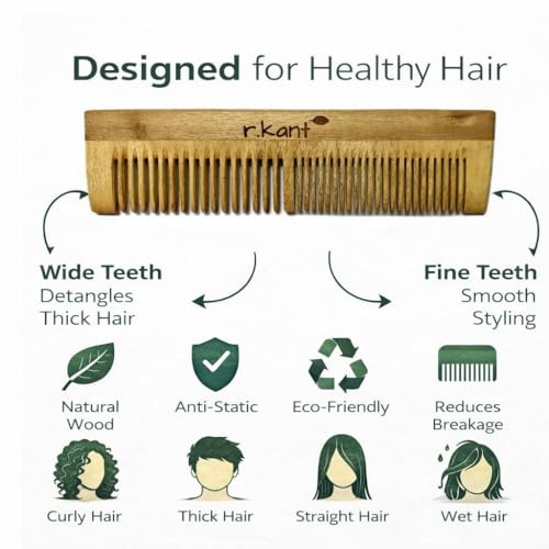 Image of R.Kant Neem Wood Comb for Women & Men | Dual Teeth Wooden Hair Comb | Wide & Fine Tooth Detangling Shampoo Comb | Anti-Static | Smooth Rounded Teeth | Gentle Scalp Massage | Natural Wooden Comb | 1 Piece