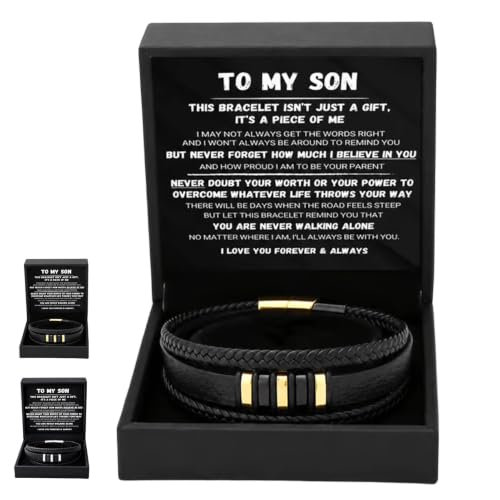AODGHC To My Son - Never Walk Alone Braided Bracelet Set, Personalized Mens Braided Leather Bracelet with Heartfelt Message & Elegant Box for Birthday, Graduation, Christmas (Gold)