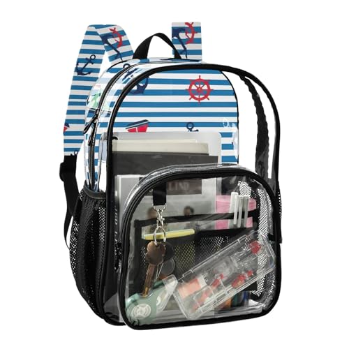 Girls Backpack Kids Boys Navy Blue Anchors Blue Stripe Clear Bag for Women Travel Approved Shoulder Bag2