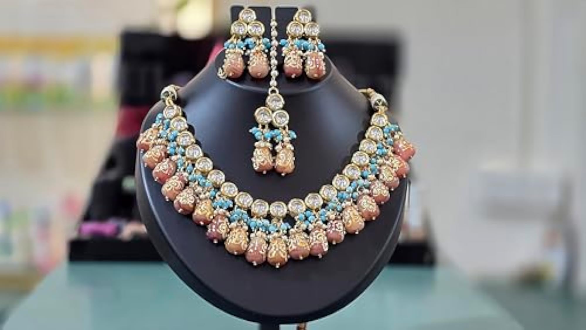 Luxury Statement Necklace with Crystal and Turquoise Beads