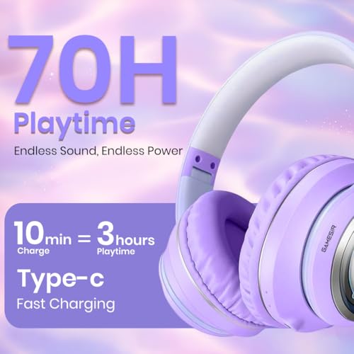 Image of GameSir Astro Junior Wireless Headphones with 40mm Drivers, Deep Bass Stereo Sound, Bluetooth 5.3, Over-Ear Noise Isolation Headset with LED Light, Built-in Mic for PC, Mobile & Laptop (Purple)
