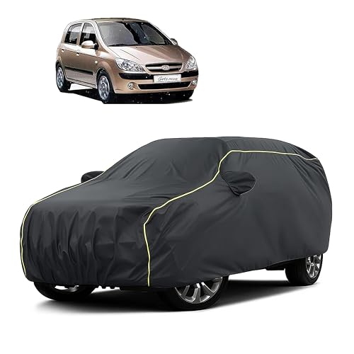 Image of Sulfar 100% Water Resistant Car Body Cover Compatible with Mirror for Hyundai Getz (Triple Stitched, Full Bottom Elastic, Dark Grey Taffeta with Yellow Piping)