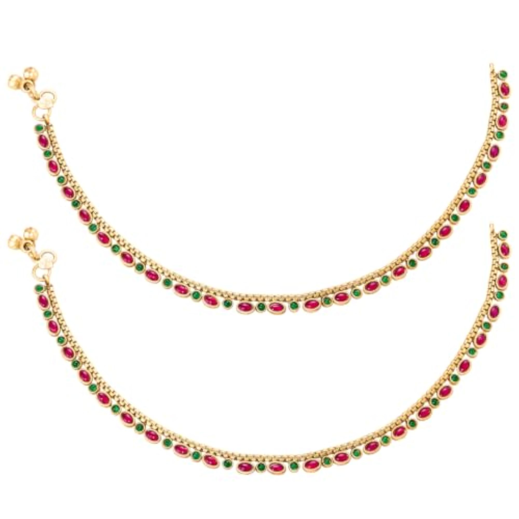 Rani Pink Green Gold Plated Ethnic Anklets Payal for Women