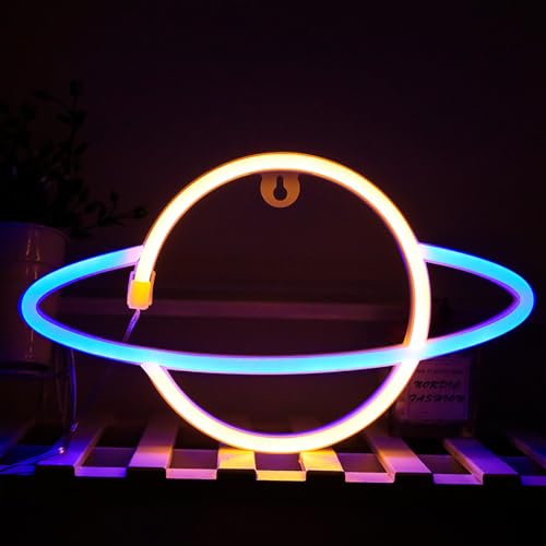 Image of Planet Alien Space Neon Signs, 5Pcs LED Neon Light for Wall Decor, Battery or USB Power, Led Sign for Bedroom Wall Decor Aesthetic Teen Girl Kid Room Christmas Birthday Wedding Party Pink Blue Yellow