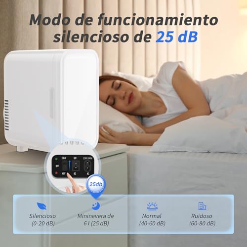YASHE Mini nevera de 6 litros/8 latas, 220 – 240 V CA/CC, refrigerador termoeléctrico portátil, frigorífico para dormitorio, cuidado de la piel, bebidas, oficina, dormitorio y coche, Blanco