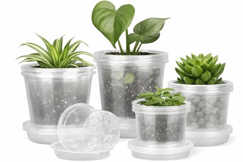 Clear Nursery Pots for Plants with Saucers, 20 Pack 4/5/6/7 Inch Plastic Flower Pots with Drainage Holes, Transparent Seed Starting Planters for Succulents, Herbs, Orchids, Indoor Outdoor Gardening by JSCPC - Used condition - CA$19.59