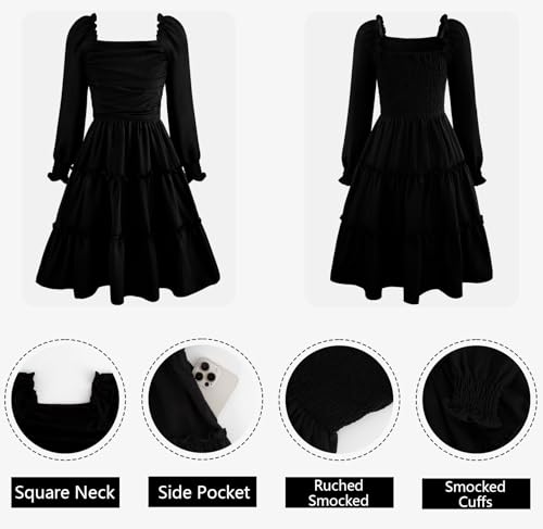 HOZIY Girls Long Sleeve Dress Ruched Smocked Tiered Ruffle A-Line Casual Boho Teen Dresses with Pocket Size 6-16 Years