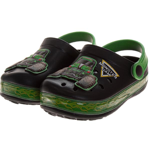Boys Monster Jam Clog Sandals Grave Digger Waterproof Slip-On Slides Closed Toe Clogs with Backstrap- Black Green Size 9-10 Toddler