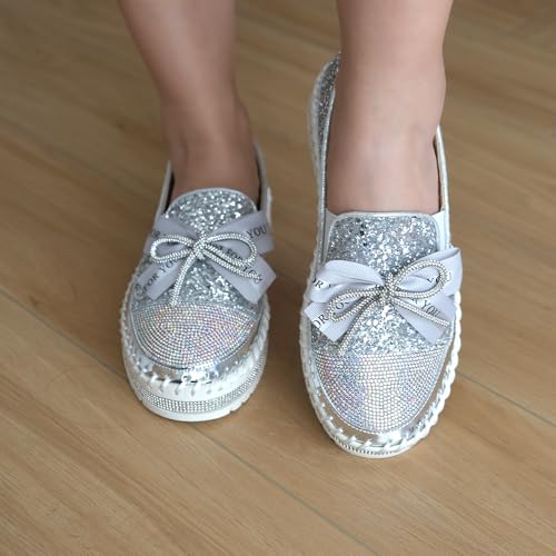 Image of Women's Fashion Rhinestone Slip On Sneakers Casual Comfort Platform Walking Shoes Cute Bowknot Glitter Bling Loafers