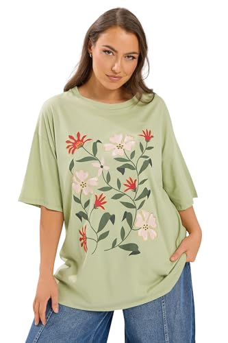 Image of Yours Curve Green Floral Graphic T-Shirt - Women's - Plus Size Curve