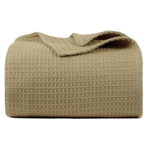 Bed Bath & Home Manta de punto gofre, 100 % algodón, suave, acogedora, transpirable, ligera, para todas las estaciones, manta térmica para cama, sofá, tamaño individual (60 x 90 pulgadas), color caqui