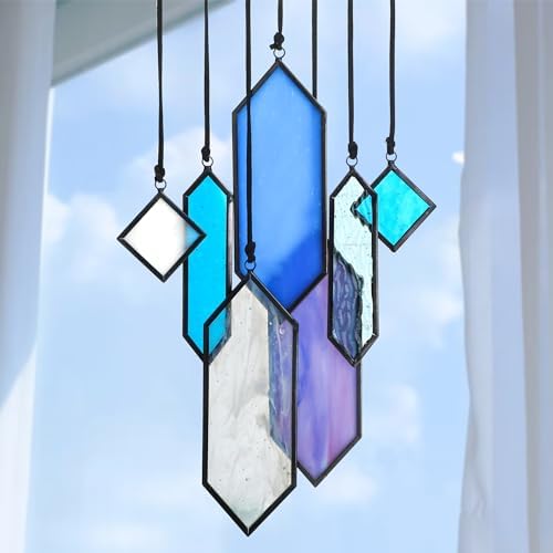 7pcs Stained Glass Window Hanging Suncatchers Modern Blue Wall Ar...