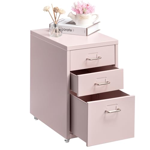 HollyHOME Gabinete de Archivos móvil, Organizador de Archivos con Ruedas para Debajo del Escritorio de 3 cajones, gabinete de Almacenamiento de Metal con Ruedas para el hogar y la Oficina, Rosa Claro