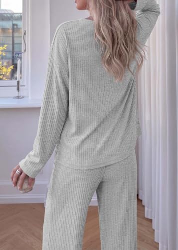 KIRUNDO Fall Ribbed Knit 2 Piece Lounge Set Women(Light Grey, X-Large) — view 3