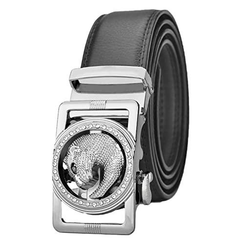 Men's Ratchet Soft Leather Business Belt - Carved Animal Rhinestone Slide Buckle Adjustable Length