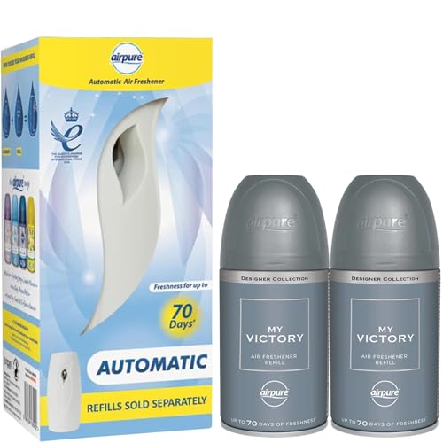 Automatic Air Freshener Dispenser with 2 x 250ml Air Freshener Refill Tins - My Victory–Refreshing Woody Fragrance Featuring Sea Salt, Cardamom, and Violet Notes for a Clean, Inviting Atmosphere
